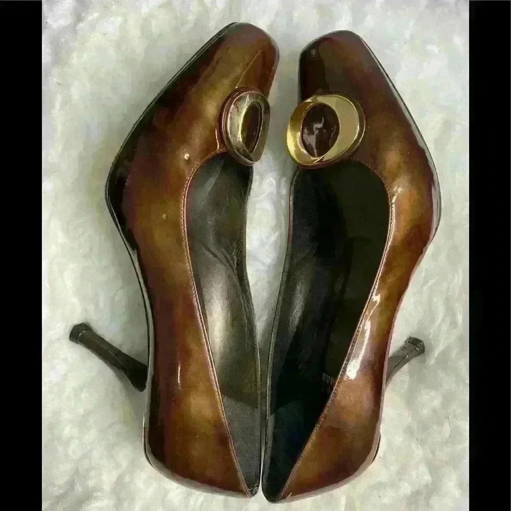 Stuart Weitzman Brown Patent Pumps with Gold Accent - Picture 1 of 9